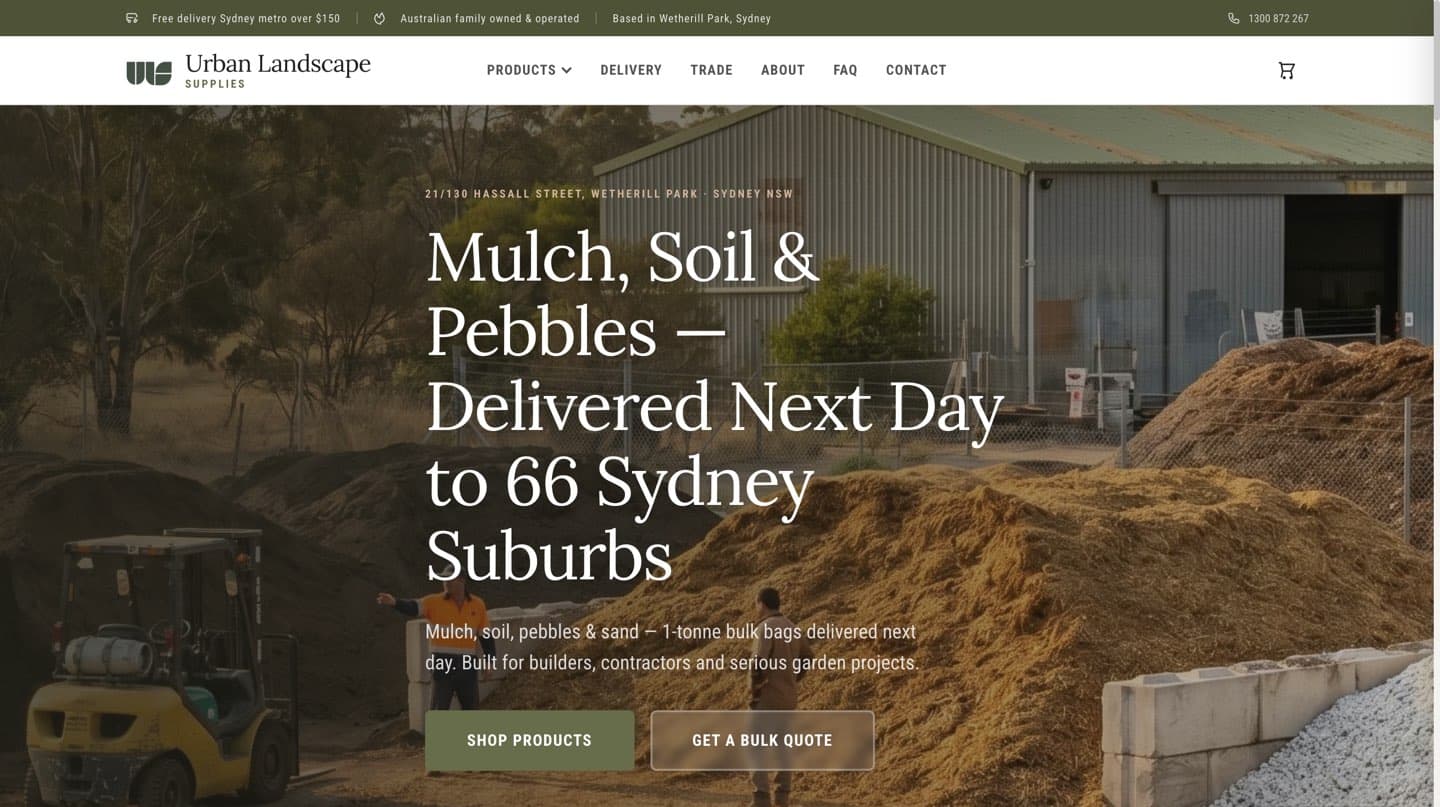 Urban Landscape Supplies homepage — mulch, soil and pebbles delivered across Sydney